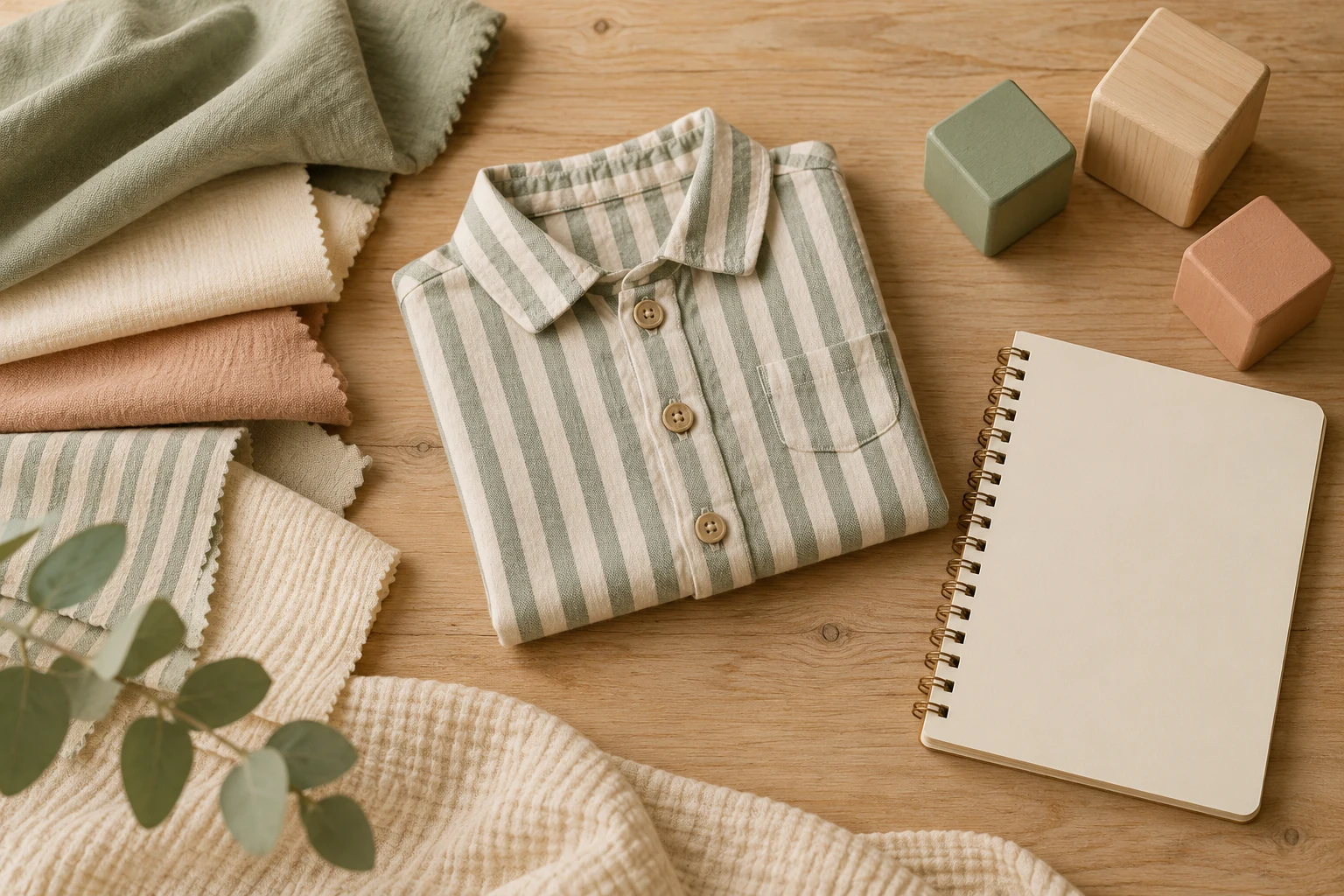 A folded striped shirt, fabric swatches and wooden blocks beside a blank notebook; a fictional illustration.